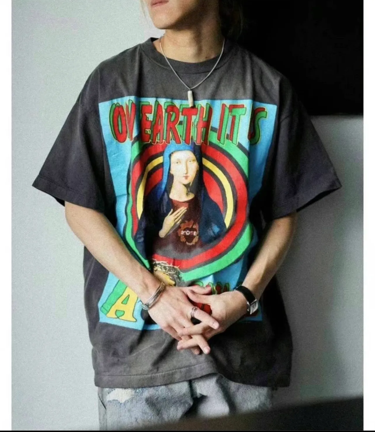 SAINT MICHAEL SS TEE/ON EARTH/BLK Jesus, Mary, Holy Infant Earth TEE Ready-to-wear Assut special piece dyeing, washed and distressed Vintage process, front and rear super complex super large printing, top purchasing agent technology